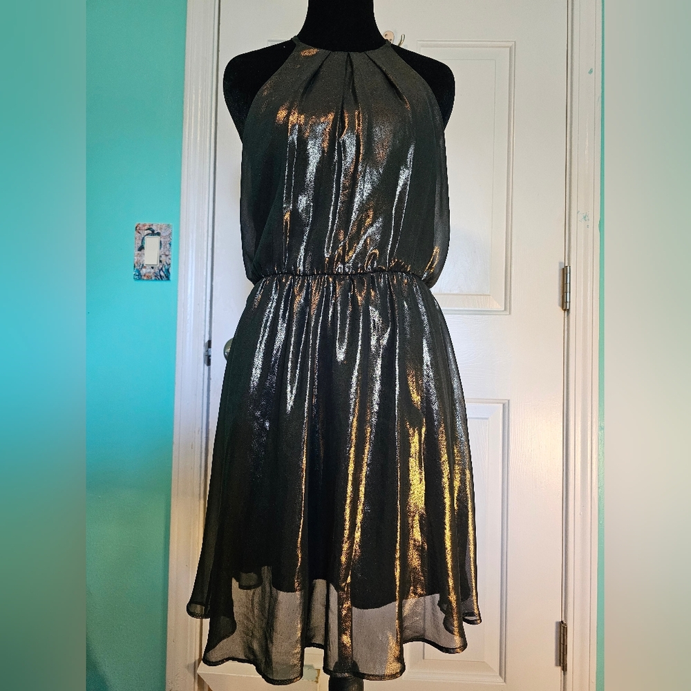 Lush Shimmering Gold Metallic Halter Formal Party Dress Women's Sz S - Picture 3 of 12
